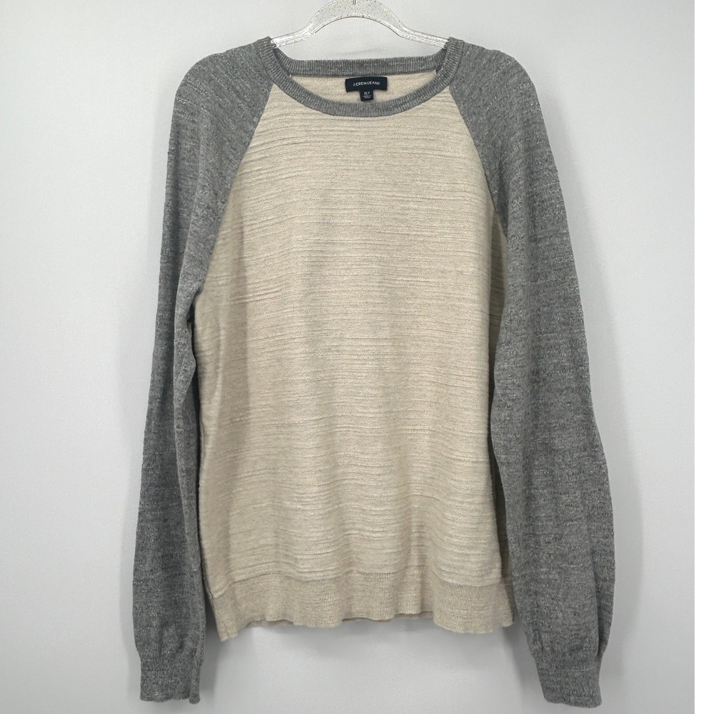 J.Crew Jeans Mens XLT Raglan Sweater Cotton Textured Colorblock Cream Grey Tall - Picture 2 of 7